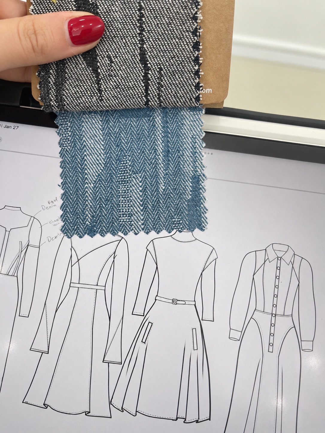 Fabric swatches over apparel design sketches